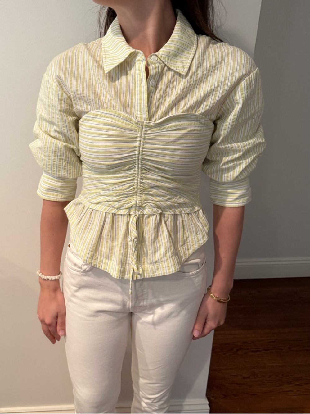 Jonathan Simkhai Light Yellow/green Striped Ruched Peplum Blouse